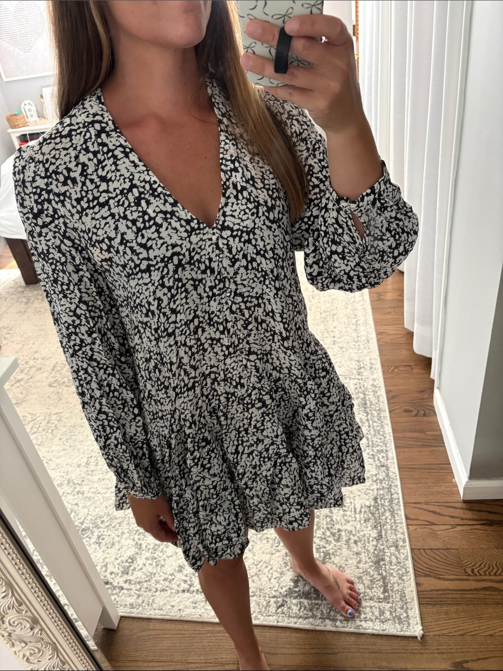Zara Black & White Printed V-Neck Mini Dress